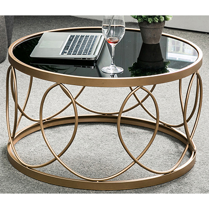 Gold round metal coffee table with round black glass top