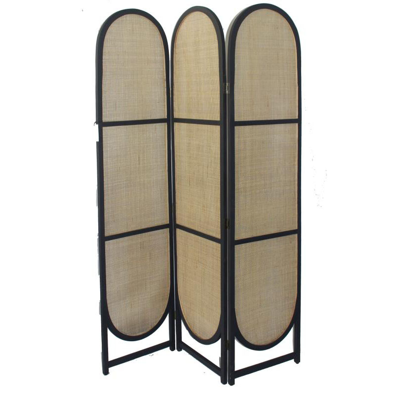 3 panels black wood framed  room divider screen with weaving rattan