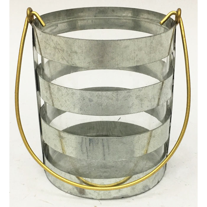 Galvanized Metal Candle Holder With Glass With Gold Handle