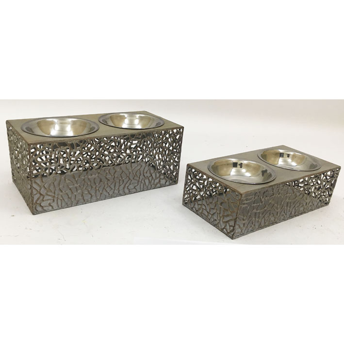 Pet feeder with lazer cutting hole decor gun metal color metal  stand with stainless steel water & food bowls