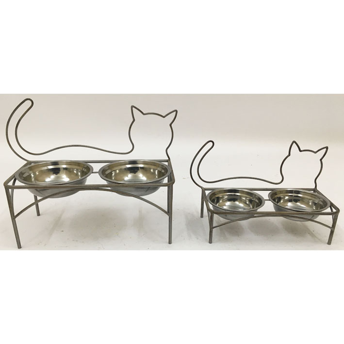 Pet feeder with cat figure grey wash  metal  stand with stainless steel water  & food bowls 