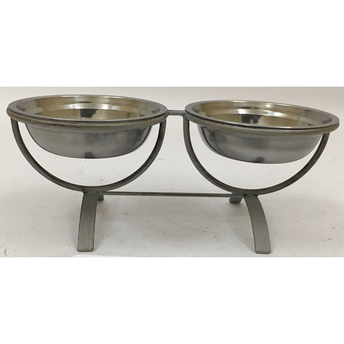 Pet feeder with grey wash metal X shape stand with stainless steel water & food bowls