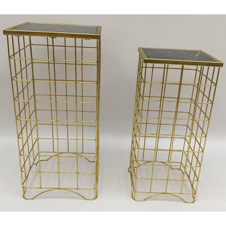 S/2 Square Nesting Shiny Gold Metal Side Table Wth Black Natural Marble Top