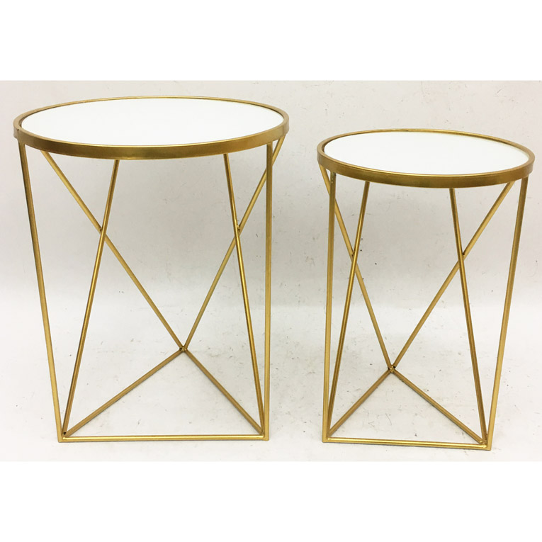 S/2 Round Nesting Shinny Gold Metal Side Table With White Glass Top