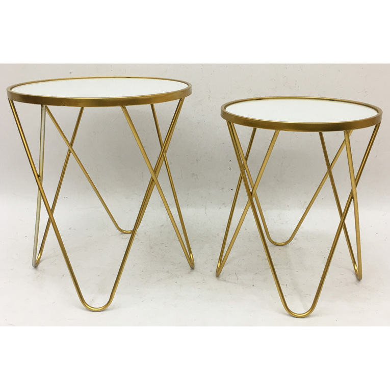 S/2 Round Nesting Shinny Gold Metal Side Table With White Glass Top