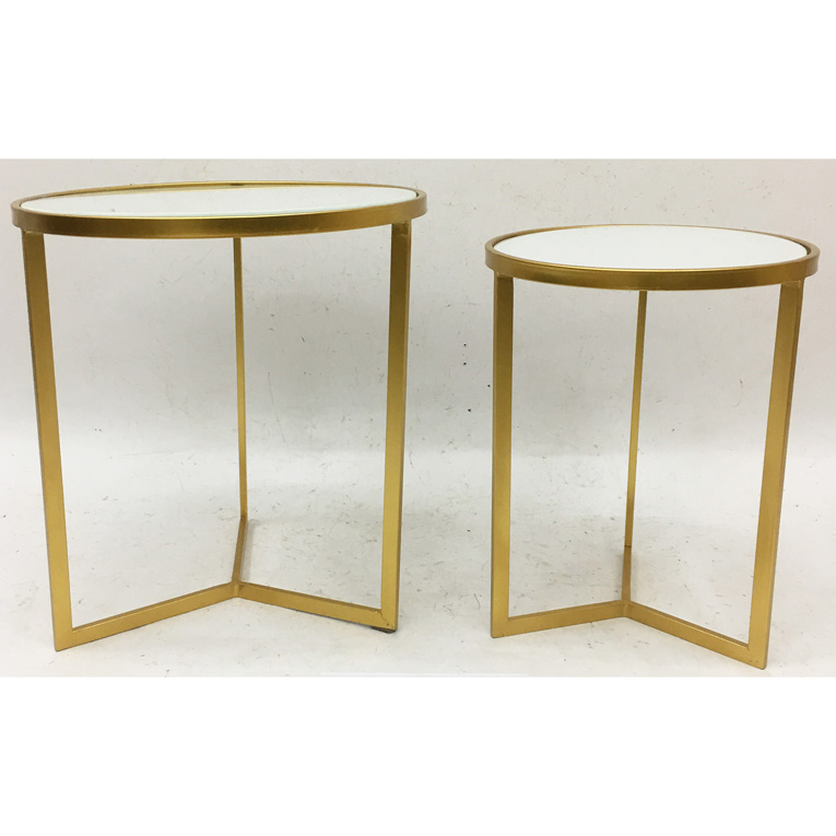 S/2 Round Nesting Shinny Gold Metal Side Table With White Glass Top