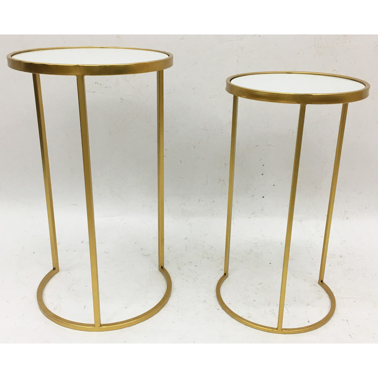 S/2 Round Nesting Shinny Gold Metal Side Table With White Glass Top