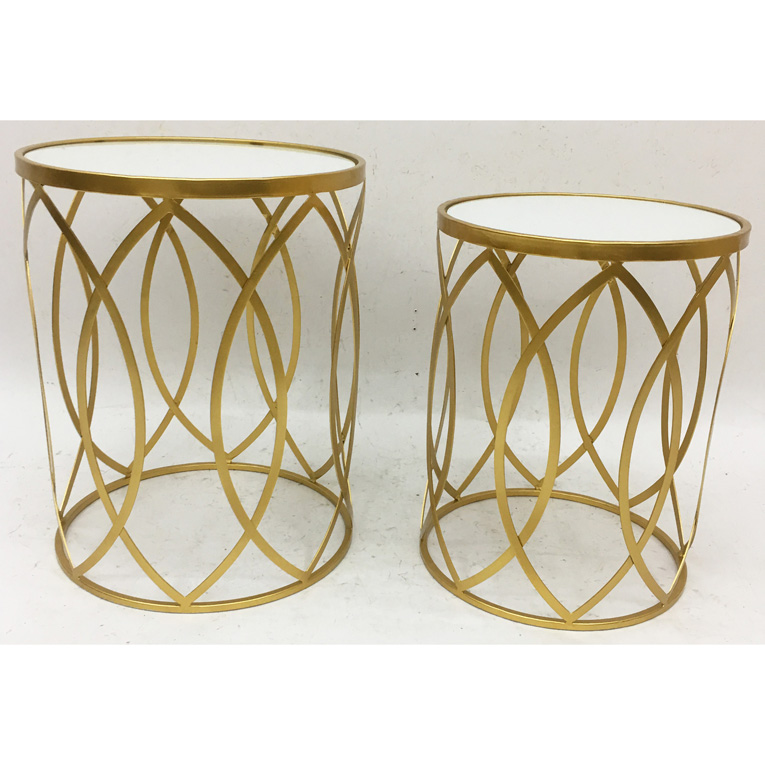 S/2 Round Nesting Shinny Gold Metal Side Table With White Glass Top 