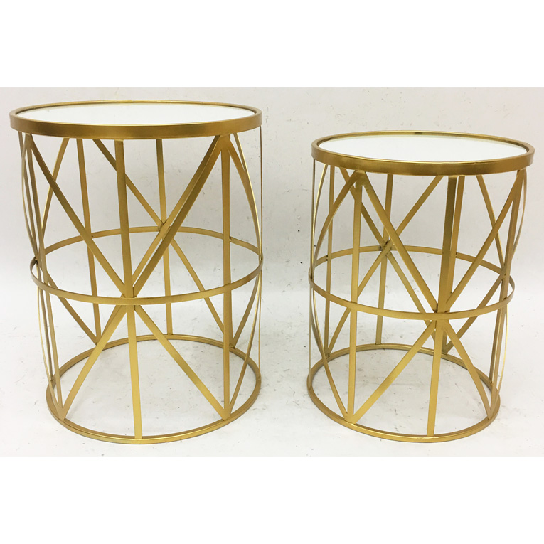 S/2 Round Nesting Shinny Gold Metal Side Table With White Glass Top