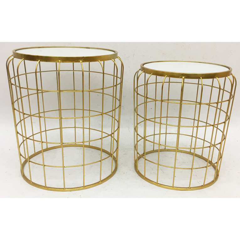 S/2 Round Nesting Shinny Gold Metal Side Table With White Glass Top