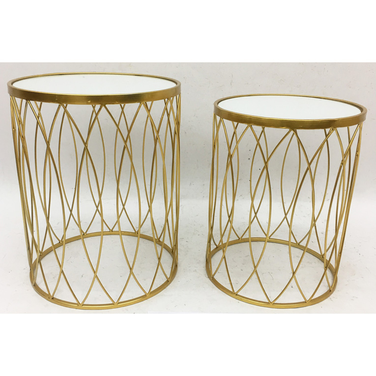 S/2 Round Nesting Shinny Gold Metal Side Table With White Glass Top