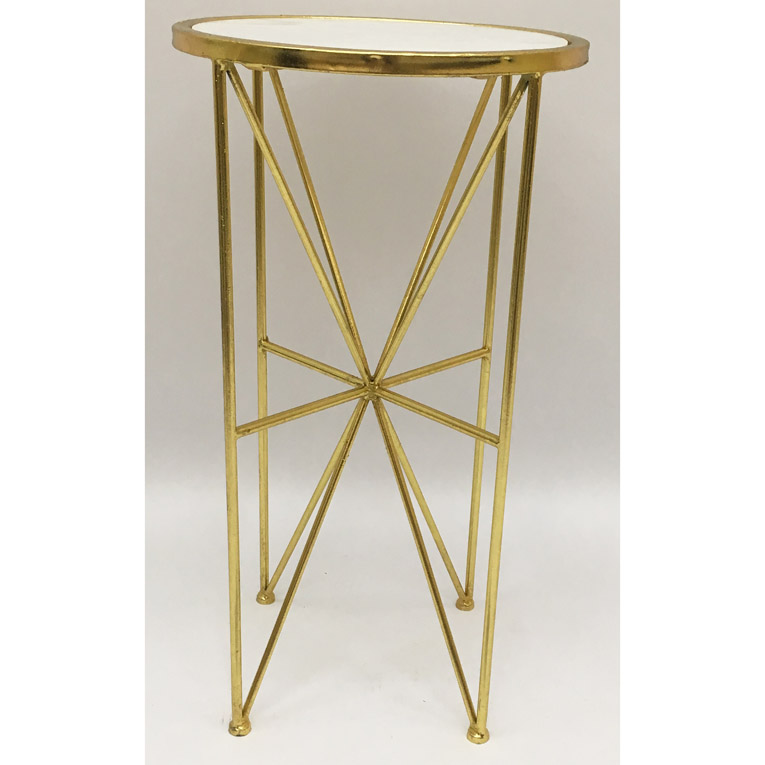 Round Shiny Gold Metal Side Table With White Natural Marble Top