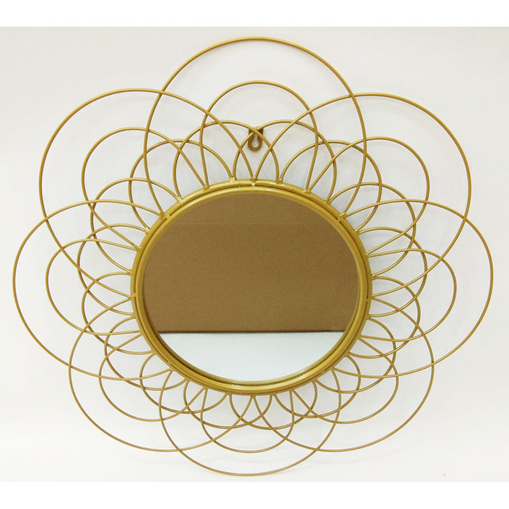 Shiny gold metal mirror with decorative wire
