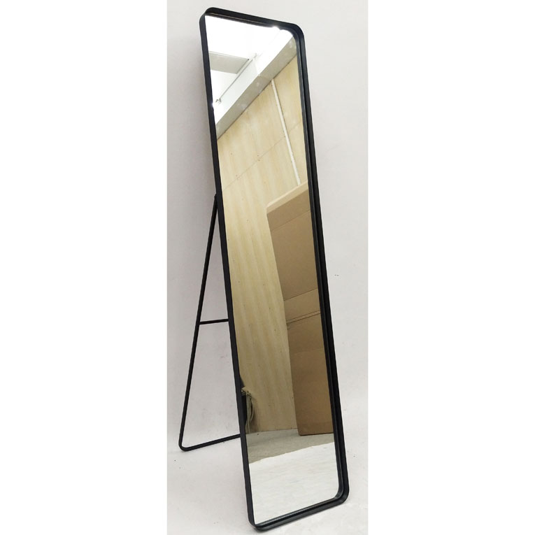 Black metal framed full length floor mirror with back support