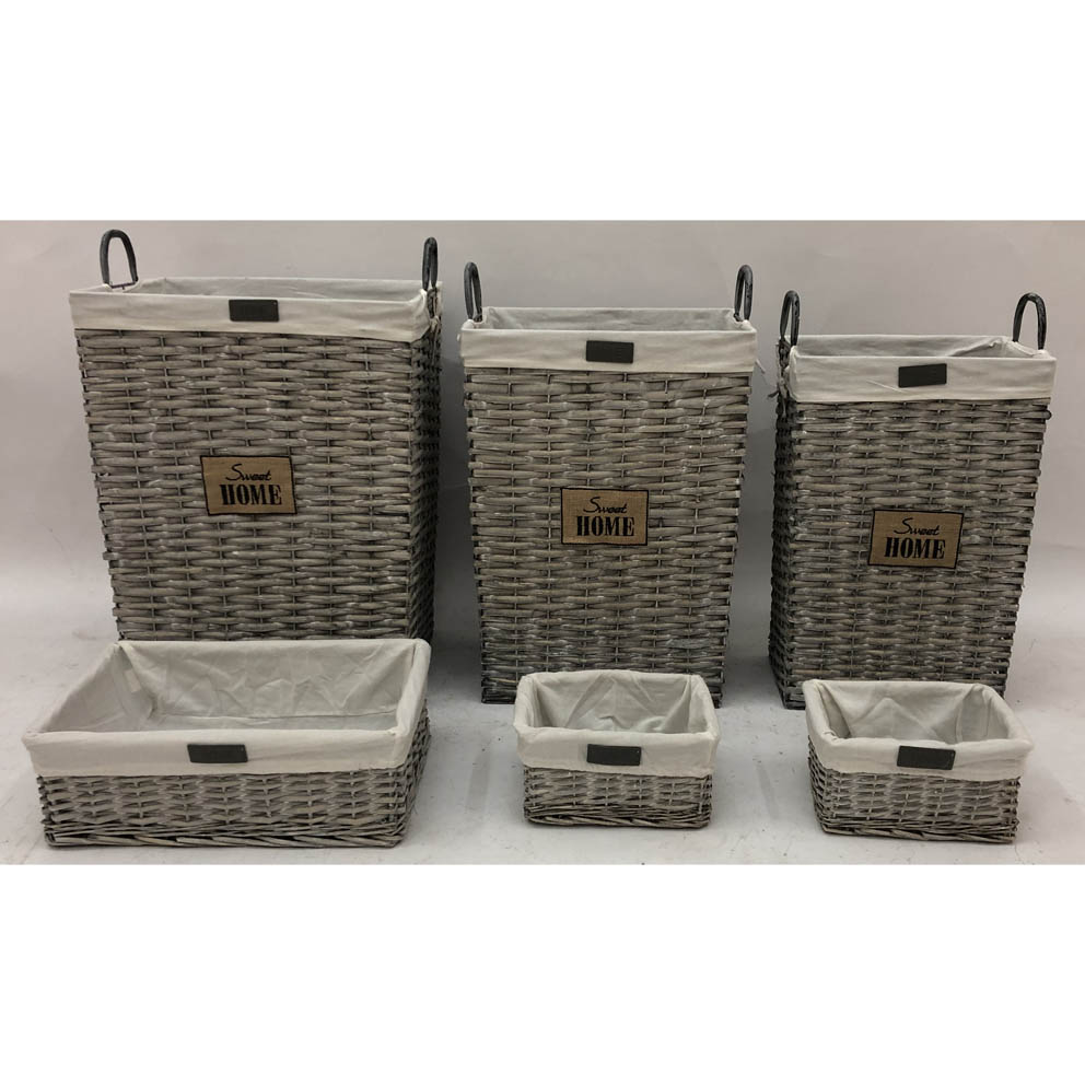 S/3 Rectangular willow hamper with metal frame & applique & lining plus S/3 willow baskets