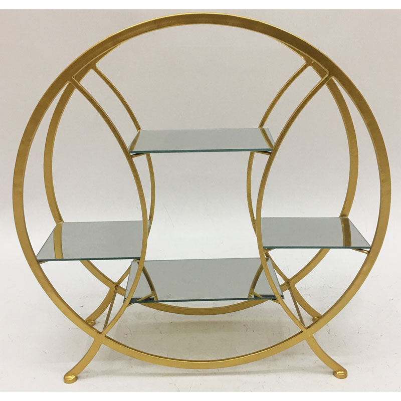 Gold round metal cake stand with 4 rect mirror tiers