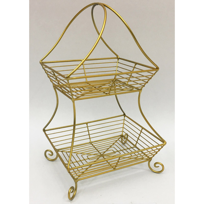 2 tiers gold color rectangular wire fruit basket with handle