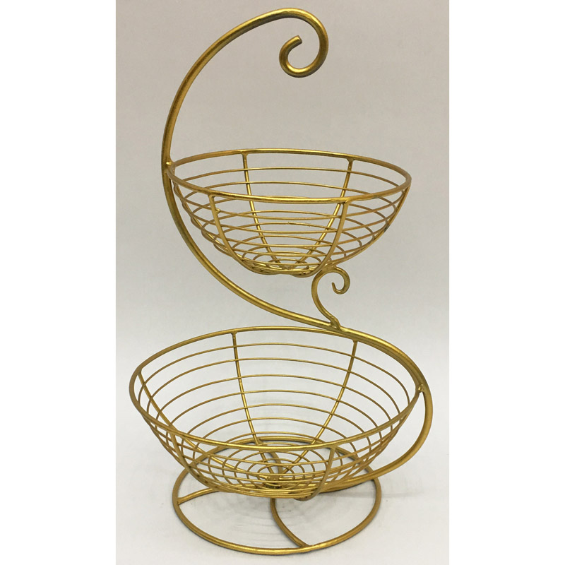 2 tiers gold color rectangular wire fruit basket with handle 