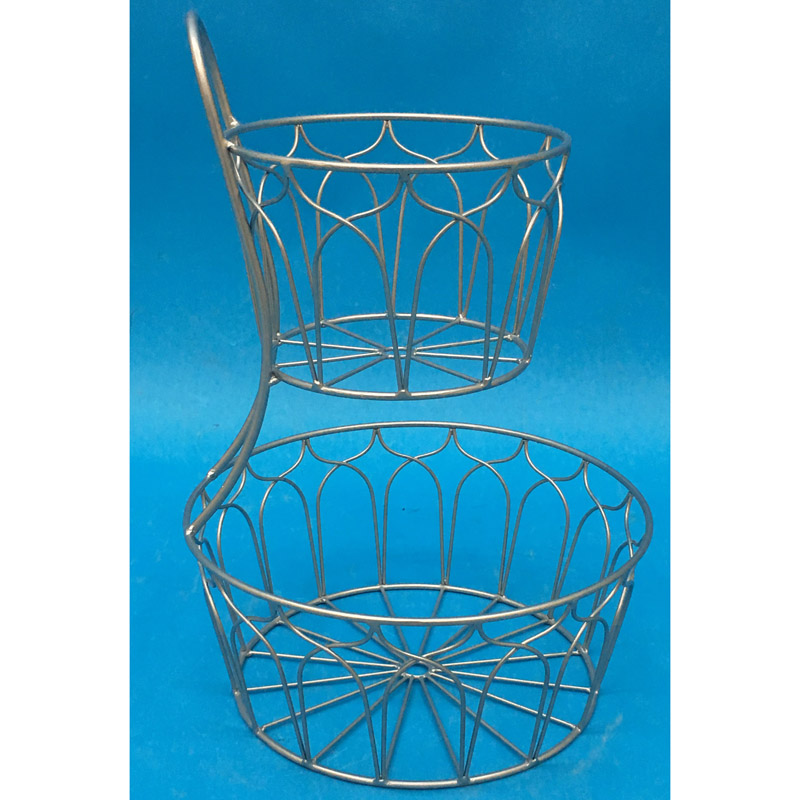 2 tiers silver color round metal fruit basket with handle