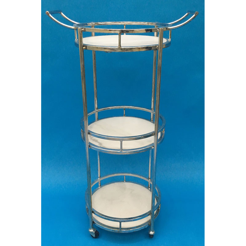 Silver metal bar & serving cart with 3 white natural marble layers and wheels and handles