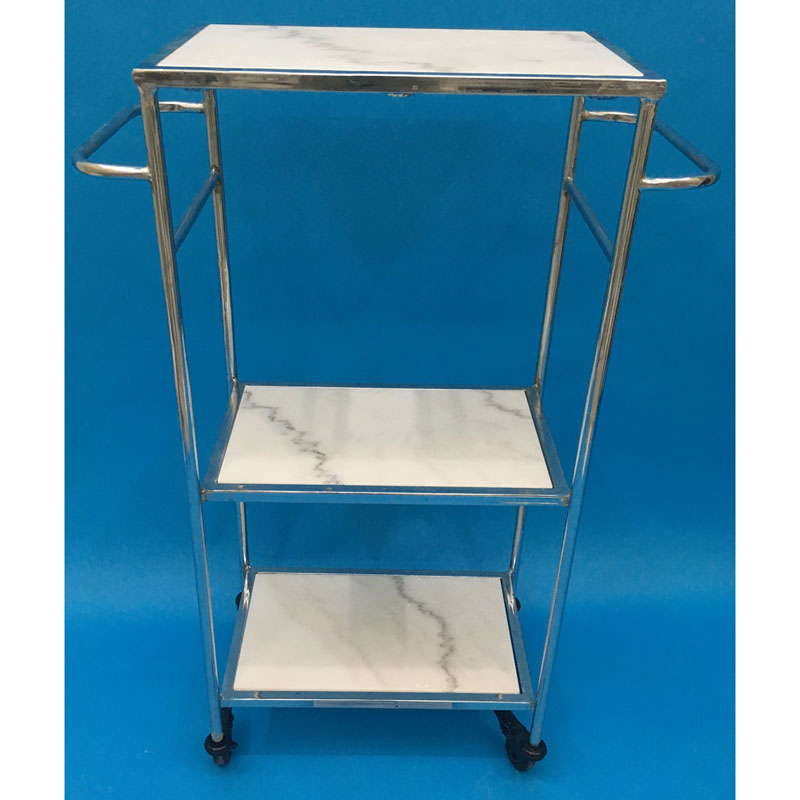 Silver metal bar & serving cart with 3 white natural marble layers and wheels and handles