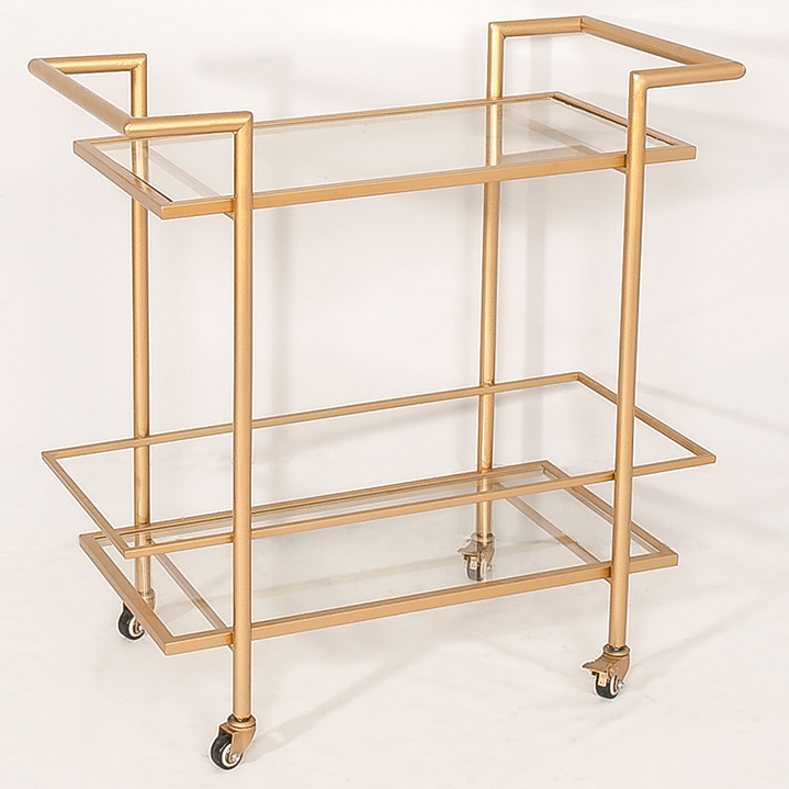 Gold metal bar & serving cart with 2  clear glass layers and wheels and handles