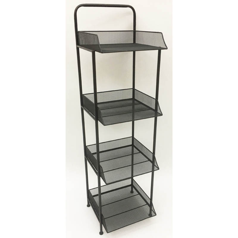 Rusty metal storage shelf with 4 grid tiers