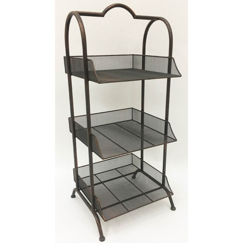 Antique gold metal storage shelf with 3 grid tiers