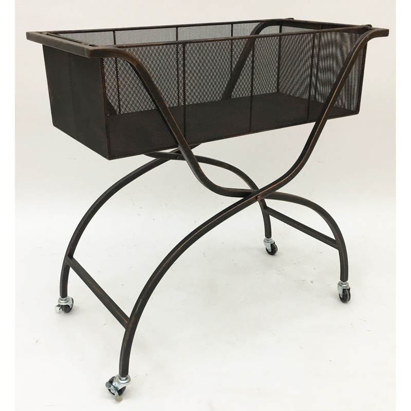 Rusty metal grid storage basket with foldable legs with wheels 