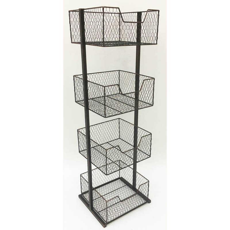 Rusty metal storage rack with 4 baskets