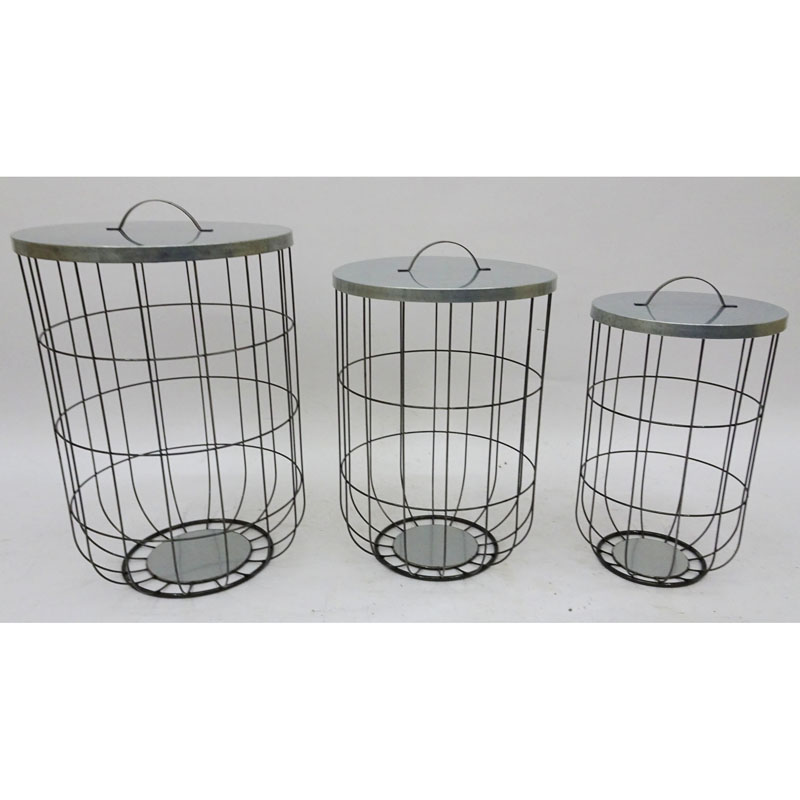 S/3 wire storage baskets with galvanized metal cover