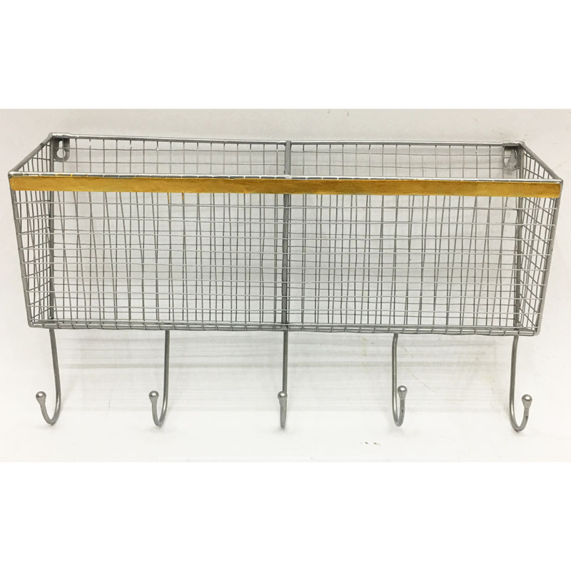 Silver metal wall rack with 2 grid baskets and 5 hangers