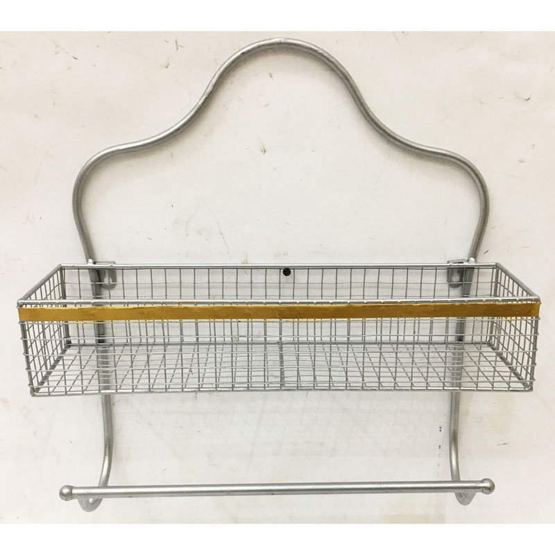 Silver metal wall rack with 1 grid baskets  & towel hanger