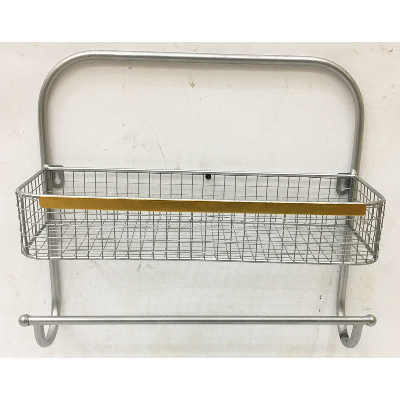 Silver metal wall rack with 1 grid baskets  & towel hanger 