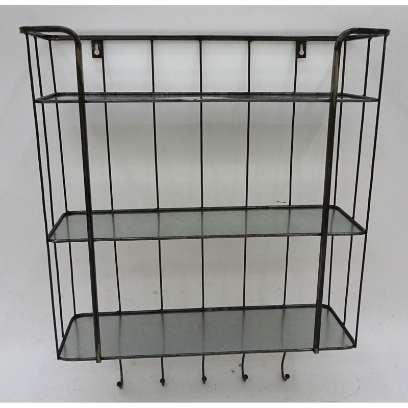 Raw iron finish wall  metal storage rack with 3 galvanized tiers and 5 hangers