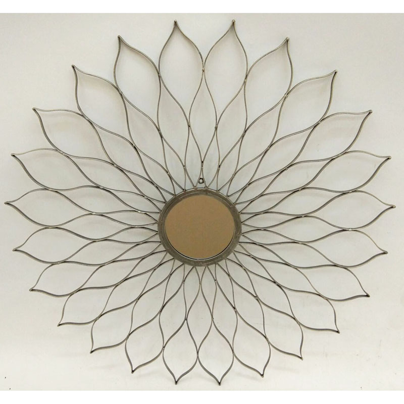 Ant. grey gold round wall decor with mirror in center and sun flower shape metal around the mirror