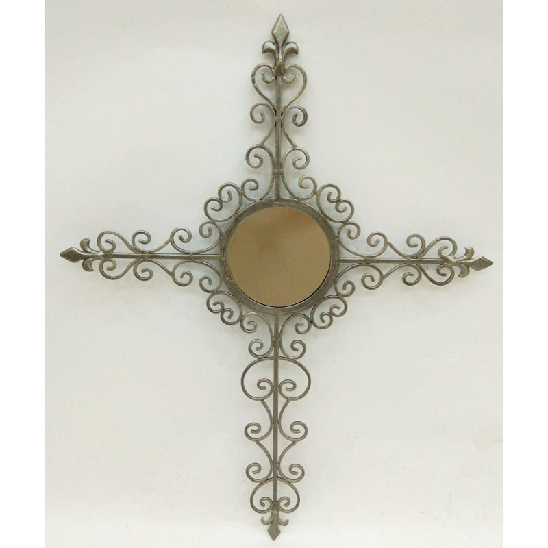 Antique grey gold metal wall cross with mirror in center and scroll decor