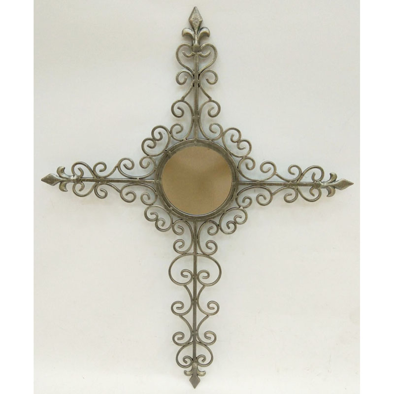 Antique grey gold metal wall cross with mirror in center and scroll decor