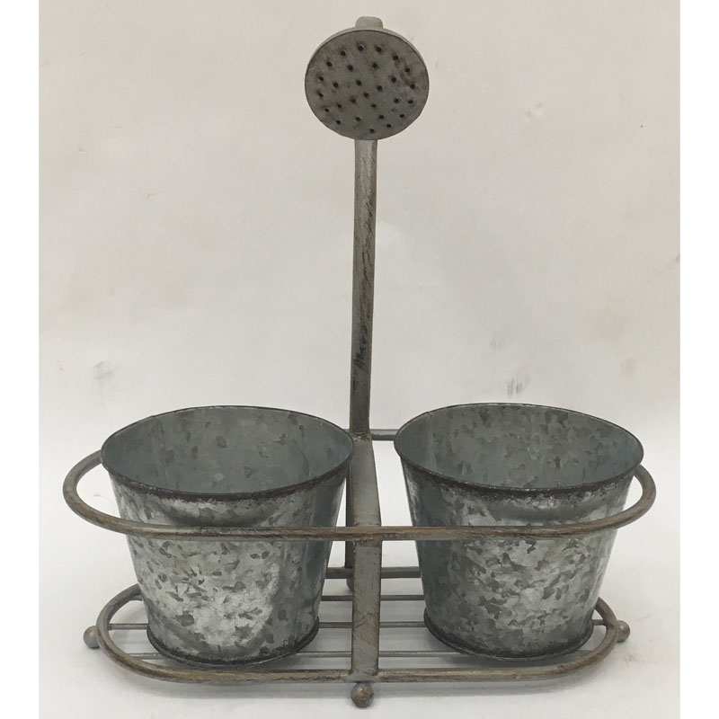 Tile grey color metal plant holder with 2 galvanized tin containers and shower decor