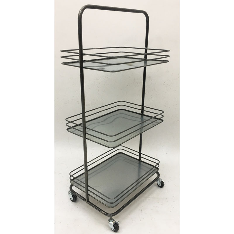 Raw iron color metal  plant holder/storage rack with 3 wire/galvanized baskets & wheels