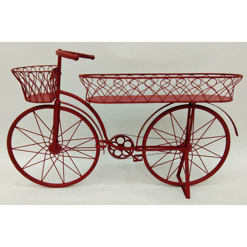 Antique red bicycle plant stand with 2 wire baskets