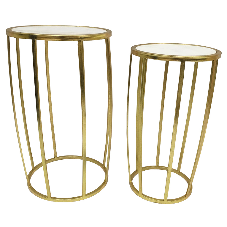 S/2 Round Nesting Shinny Gold Metal Side Table With White Natural Marble Top