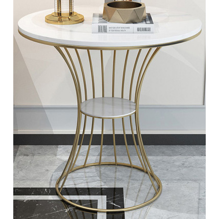 Round Shiny Gold Metal Side Table With Man-made Marble Top