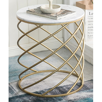 Round Shiny Gold Metal Side Table With Man-made Marble Top