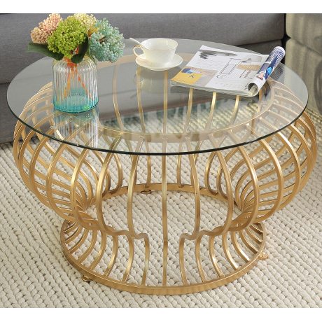 Round Shiny Gold Metal Coffee Table With White Glass Top