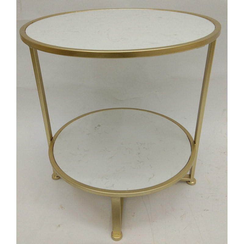 Round Shiny Gold Metal 2 tiers Side Table With White Natural Marble Top