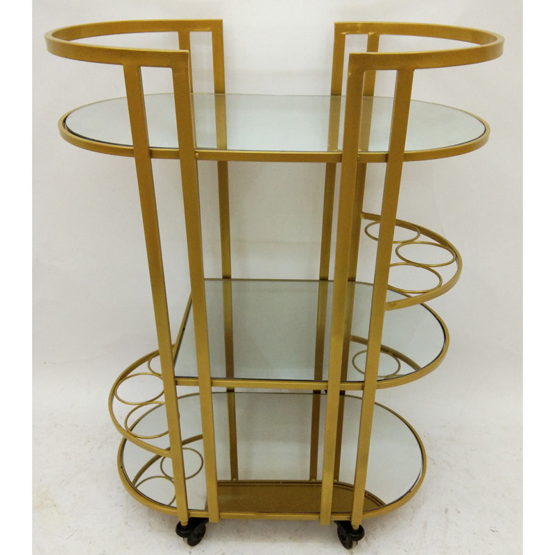 Gold metal bar & serving cart with 3 mirror layers and wheels and handles