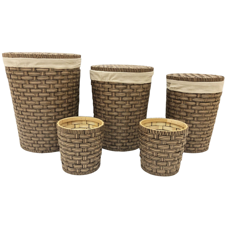 S/3 round wood hamper with paper weaving full body & lining plus 2 waste bins