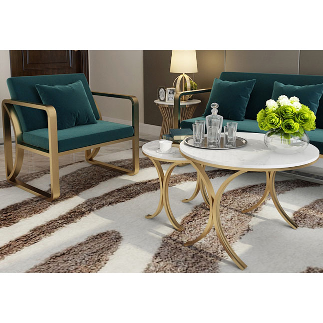 Custom order &ready to ship living room metal & cushion sofa table & chair set with wood,marble, glass combination, sizes & colors & logos defined by you