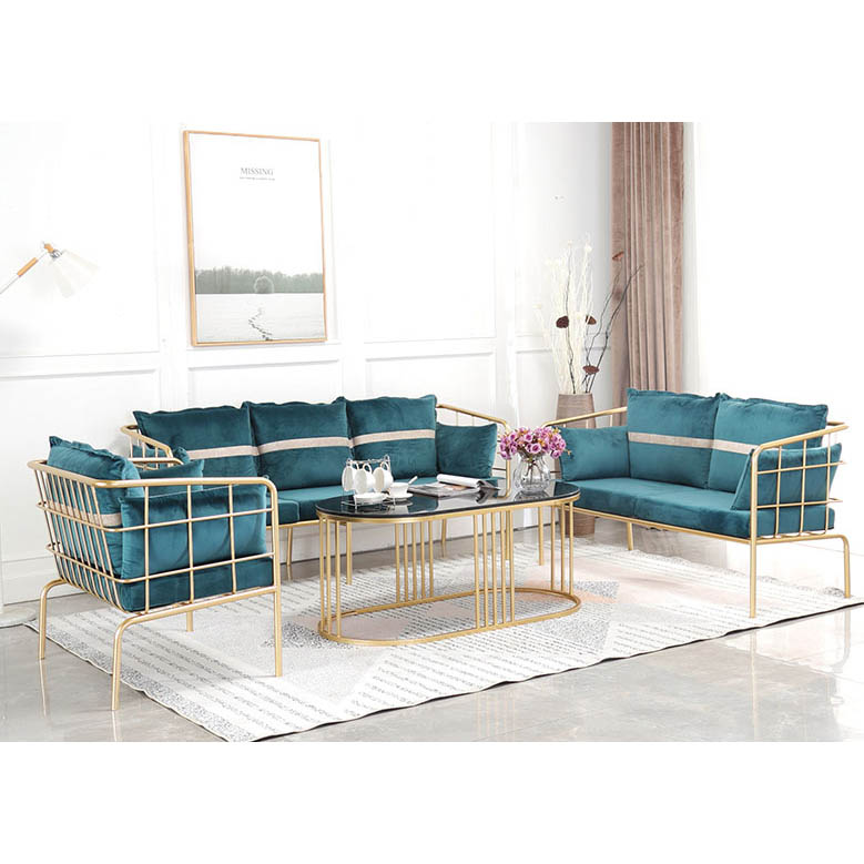 Custom order &ready to ship living room metal & cushion sofa table & chair set with wood,marble, glass combination, sizes & colors & logos defined by you